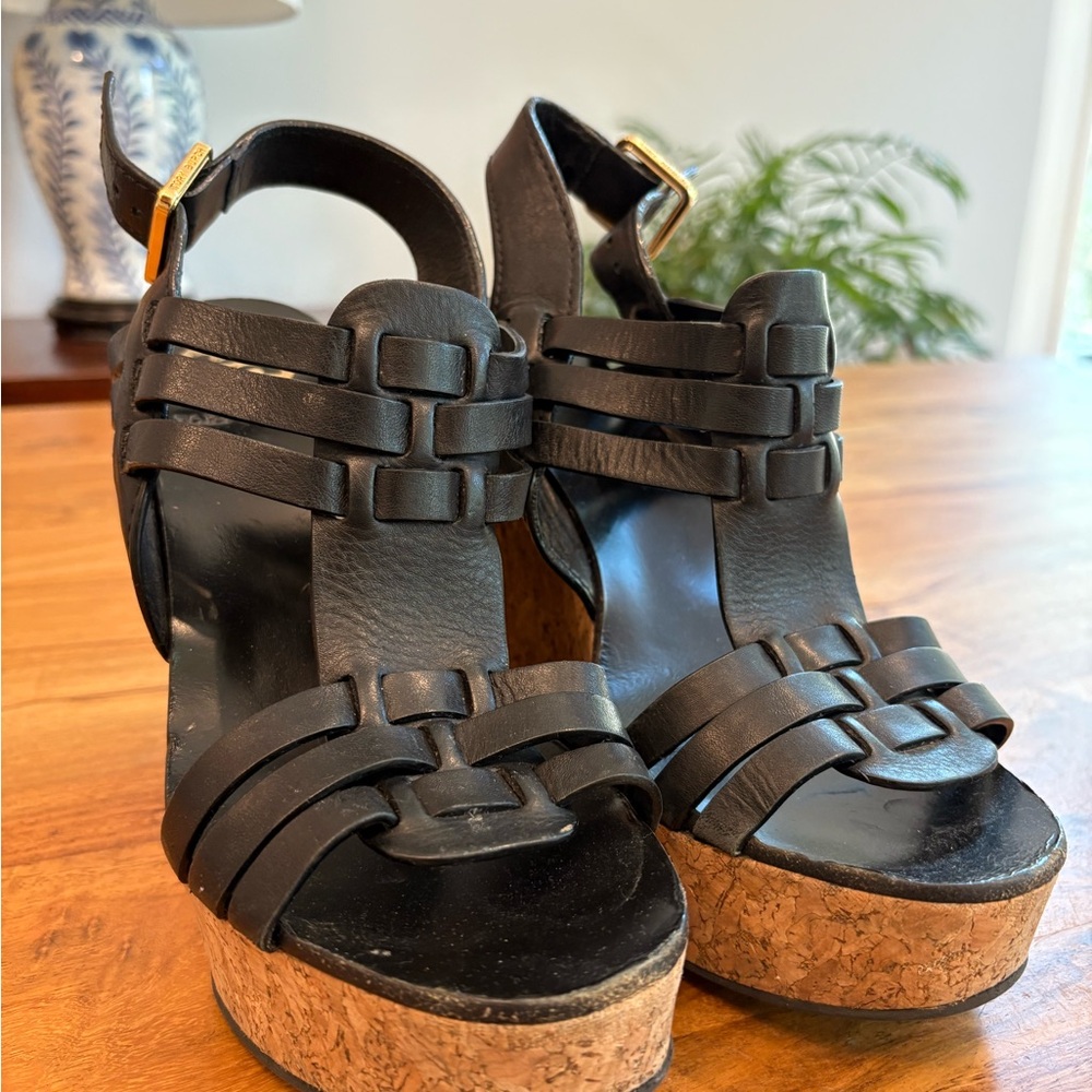 Tory Burch Black Leather Cork Platform Wedge Sandals